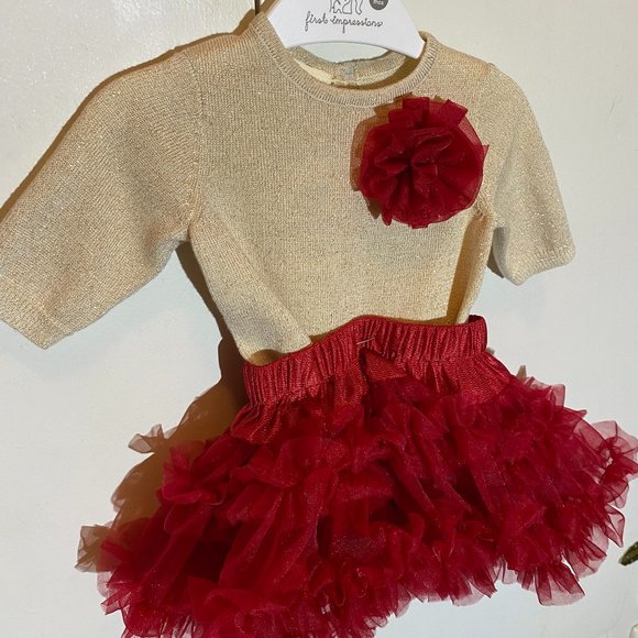 First Impressions Baby Girl Sweater/Ruffled Skirt & Black Velvet Shoes - Picture 2 of 13